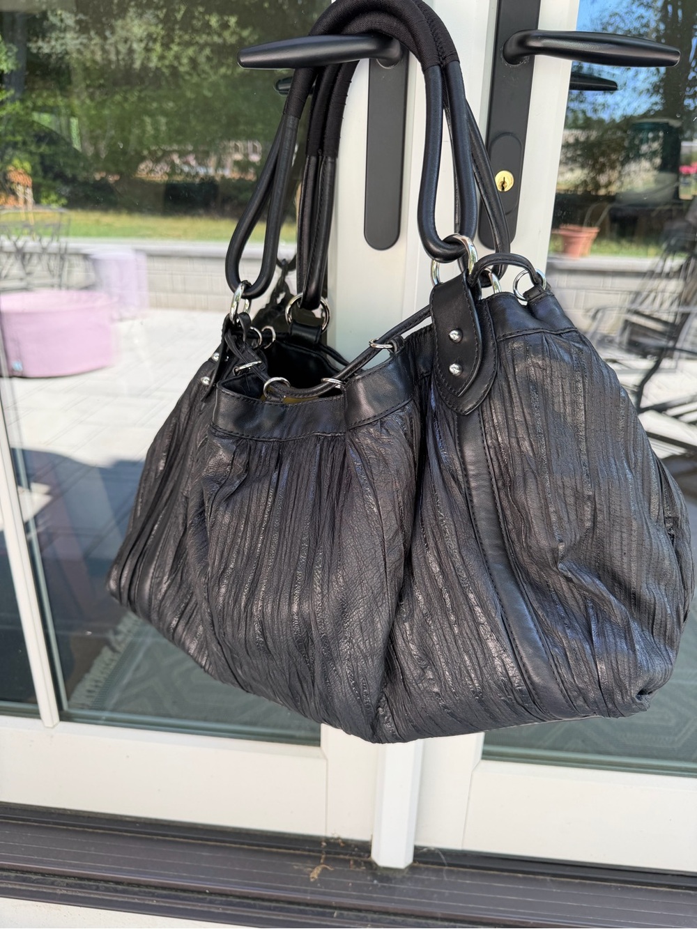 Donald J Pliner Black Pleated Leather Oversized Y2K Hobo Shoulder Bag - Picture 8 of 9